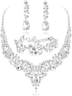 Crystal Bridal Jewelry Set for Women Rhinestone Necklace Earrings Bracelet Weddi